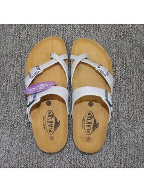 Plakton Women's Silver Leather Cork Footbed Sandals Size 8 EU 39 Adjustable Stra